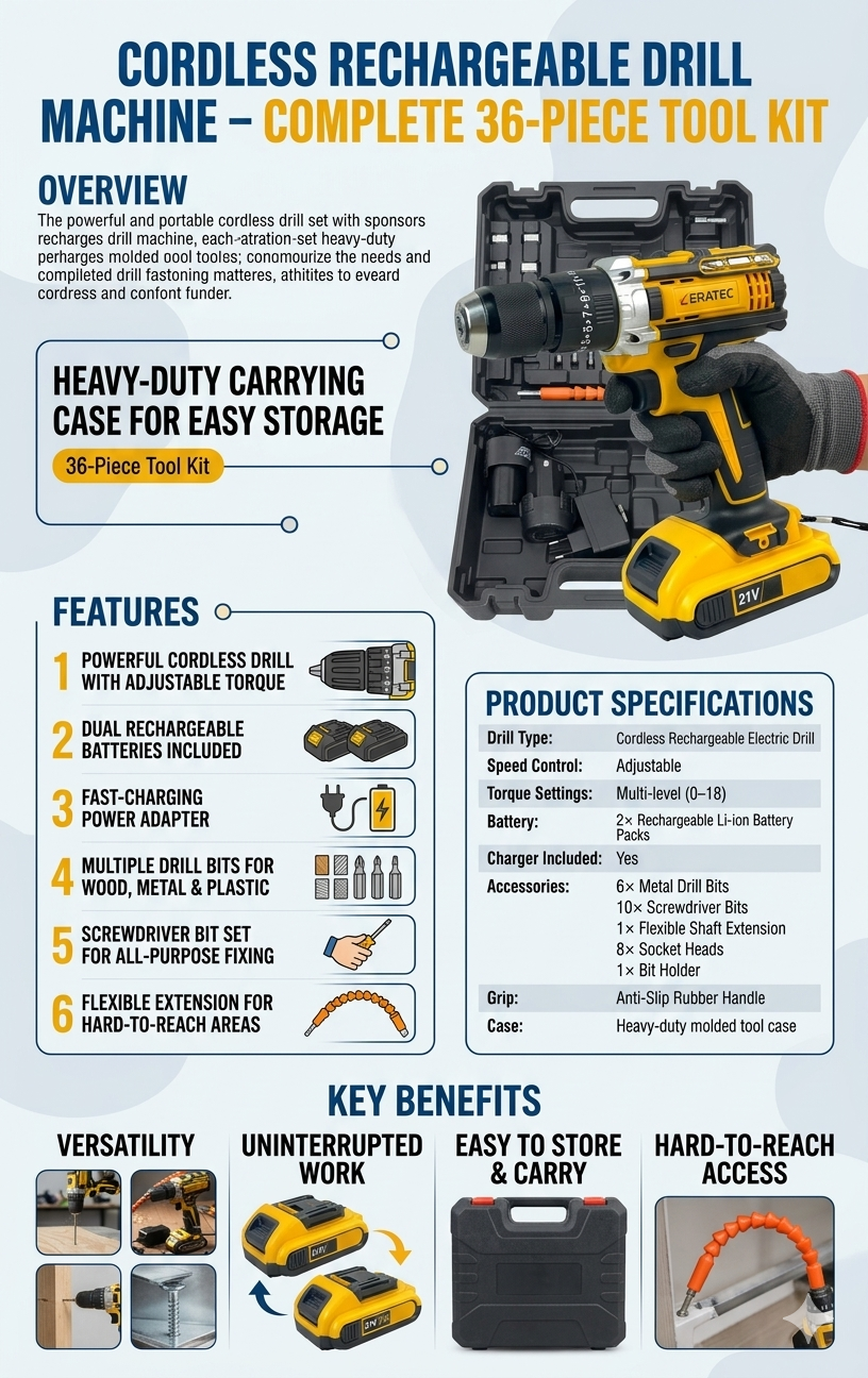 Cordless Rechargeable Drill Machine – Complete 36-Piece Tool Kit