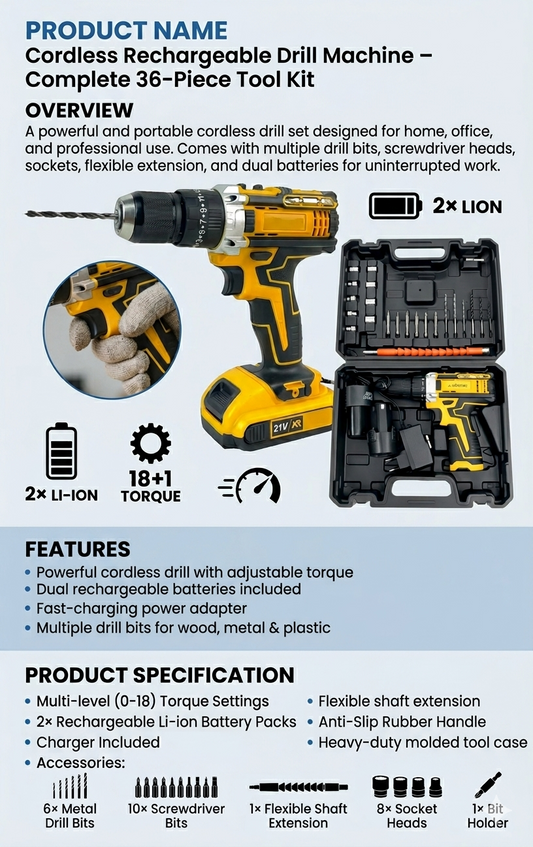 Cordless Rechargeable Drill Machine – Complete 36-Piece Tool Kit