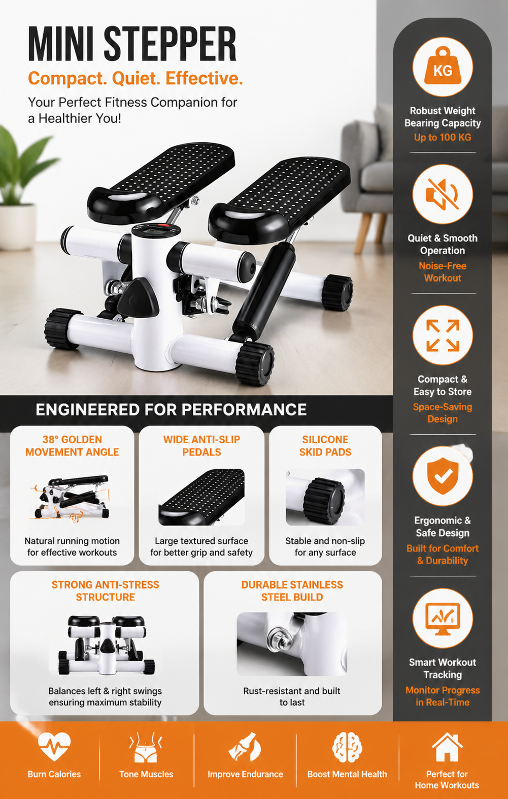 Multi-function stepper compact home fitness machine for full-body workout
