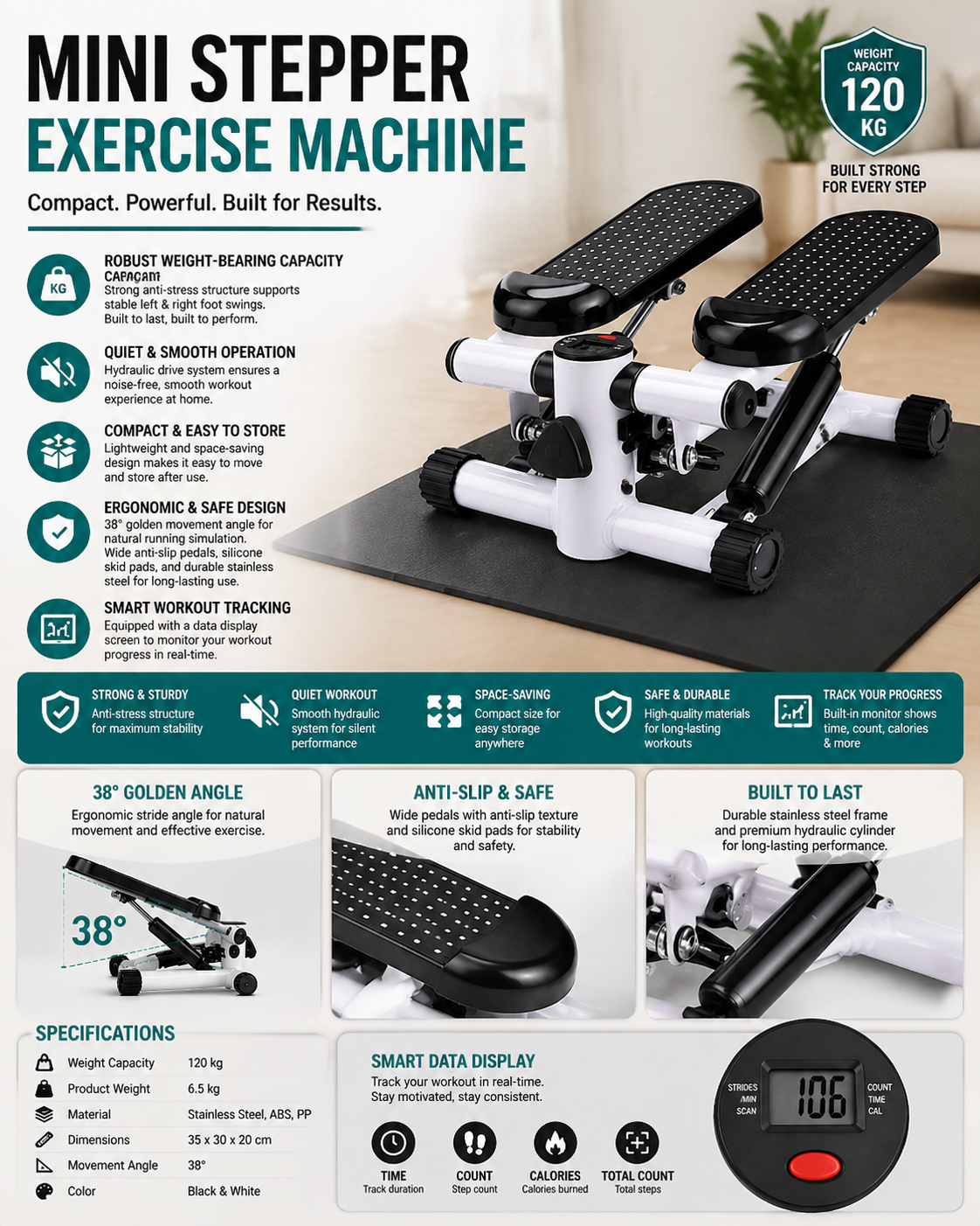 Compact multi-function stepper machine lightweight easy to store at home