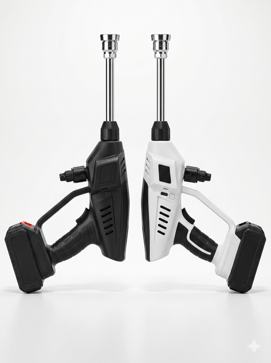 Two high-pressure cordless car washer guns, one in sleek matte black and one in minimalist white, showcasing the premium color options with long spray nozzles and detachable battery bases