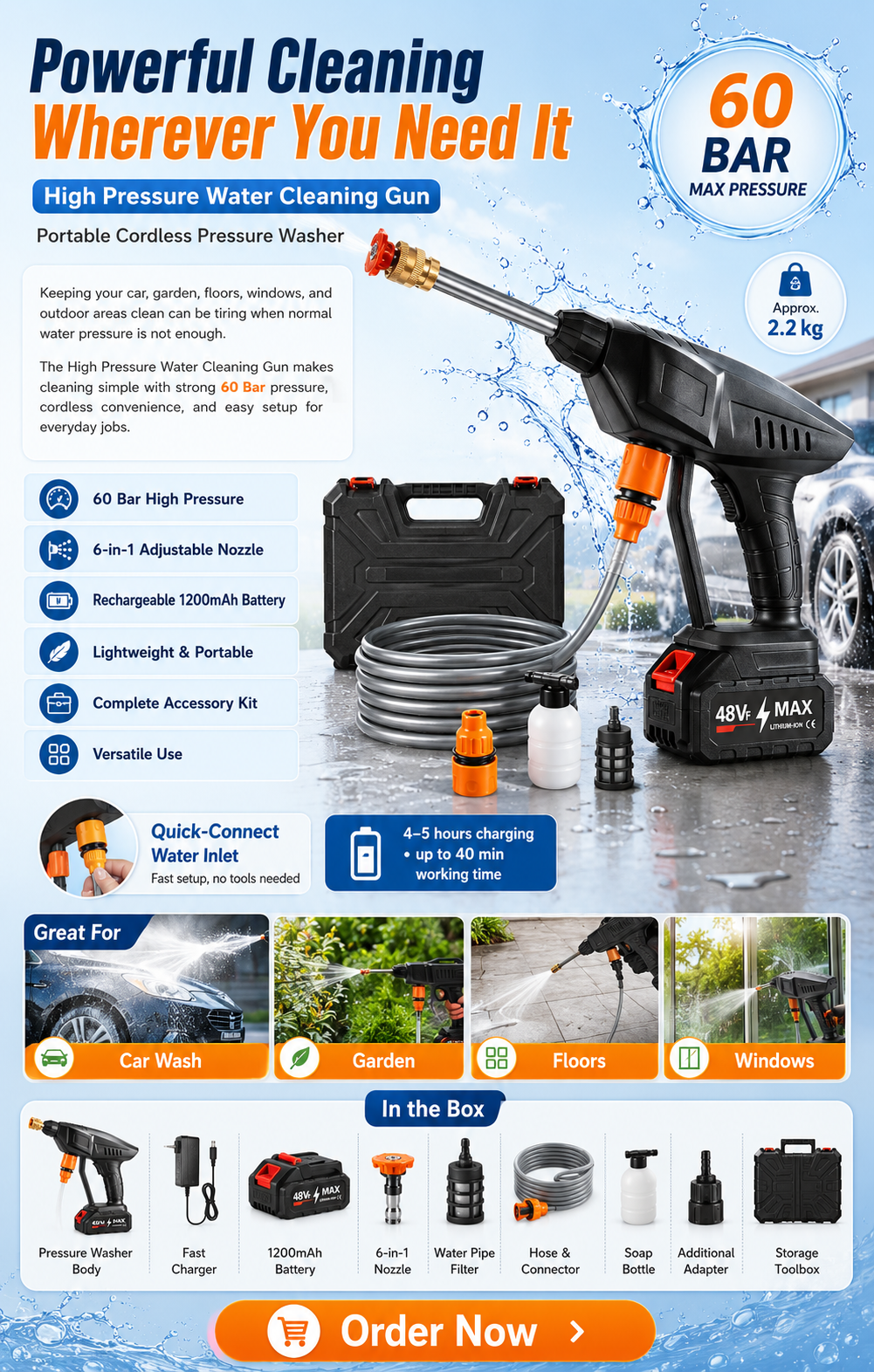 High pressure water gun with 5 metre water pipe for full reach car and garden cleaning