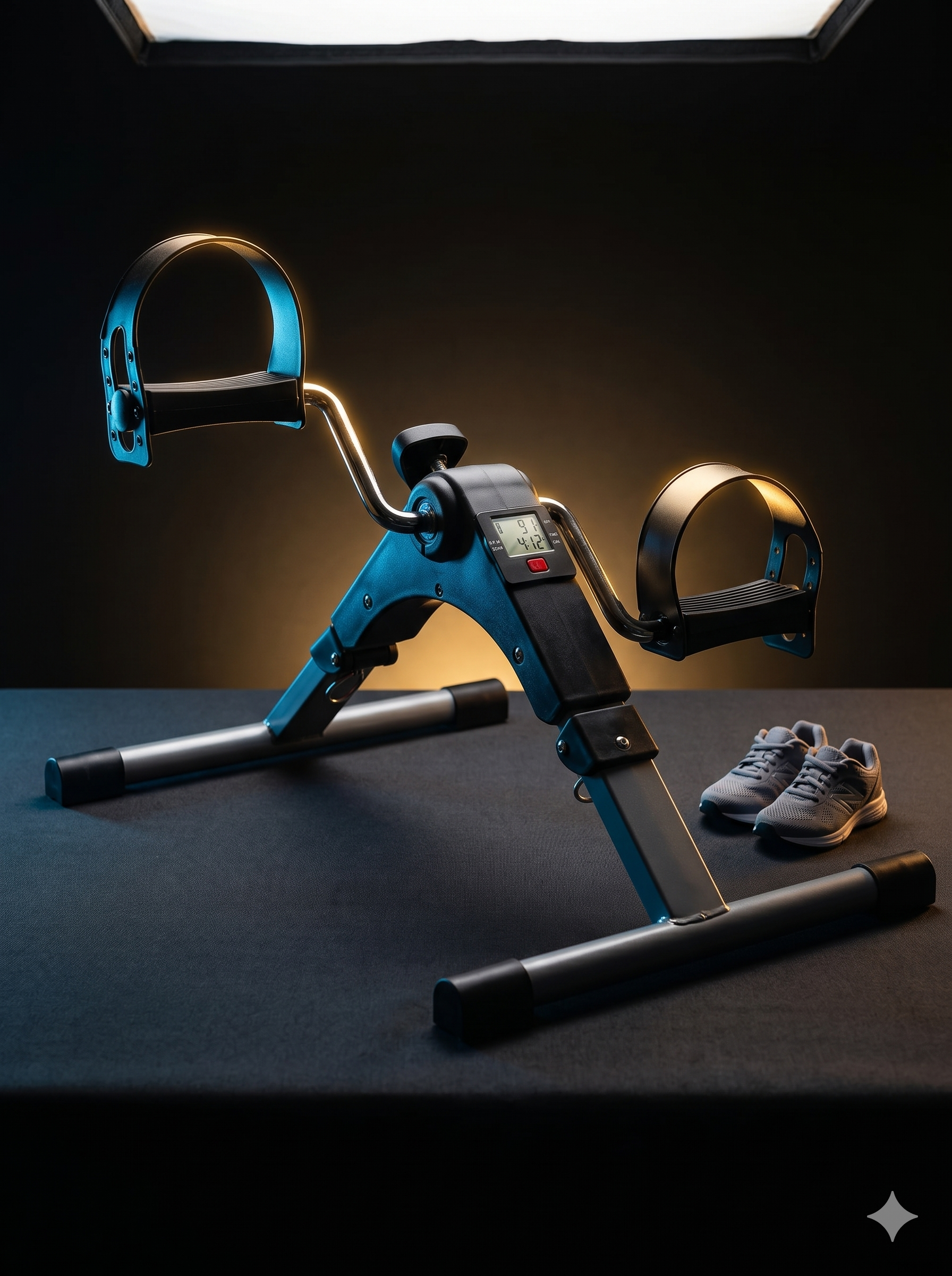 Manual resistance tension knob on mini exercise bike — stepless adjustment from light joint warm-up to intensive muscle toning, ideal for beginners, seniors, and physiotherapy recovery