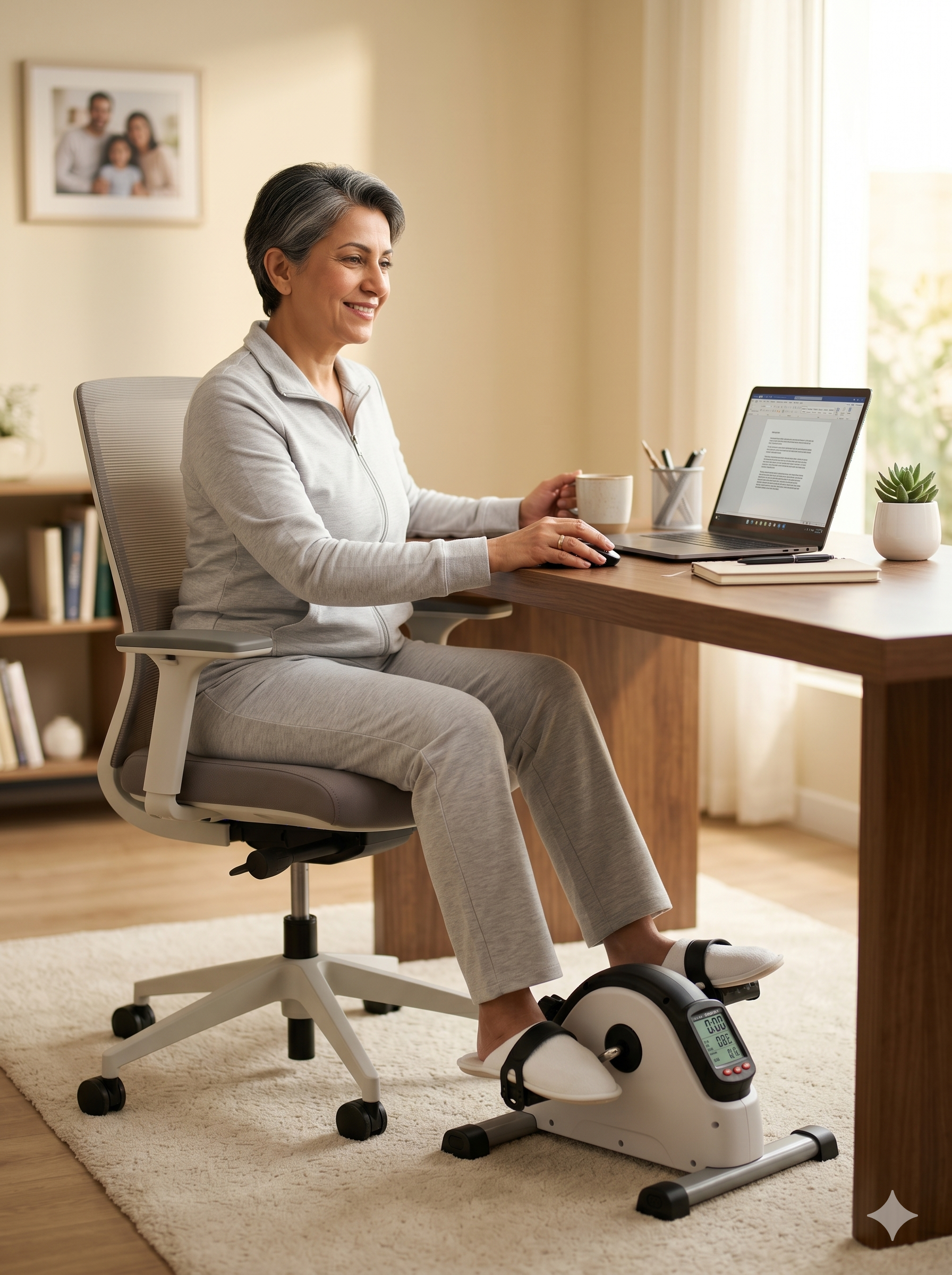 Product features infographic for mini indoor pedal exerciser — highlights adjustable resistance dial, LCD workout monitor, non-slip pedal straps, and quiet flywheel for silent office use