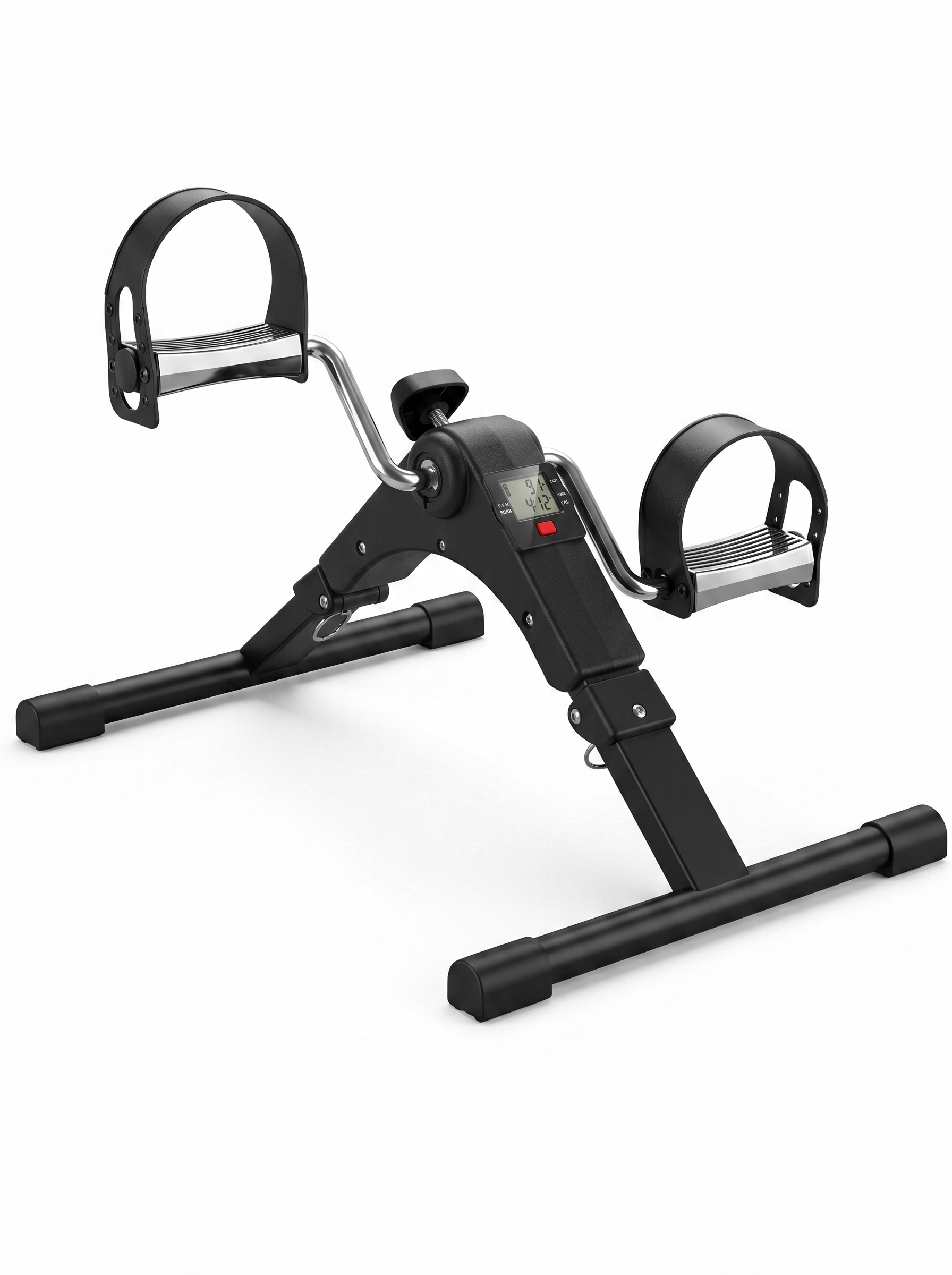 Black mini indoor pedal exerciser with LCD display — compact portable desk cycle bike for arm and leg fitness at home or office