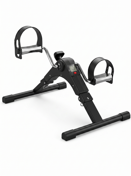 Black mini indoor pedal exerciser with LCD display — compact portable desk cycle bike for arm and leg fitness at home or office
