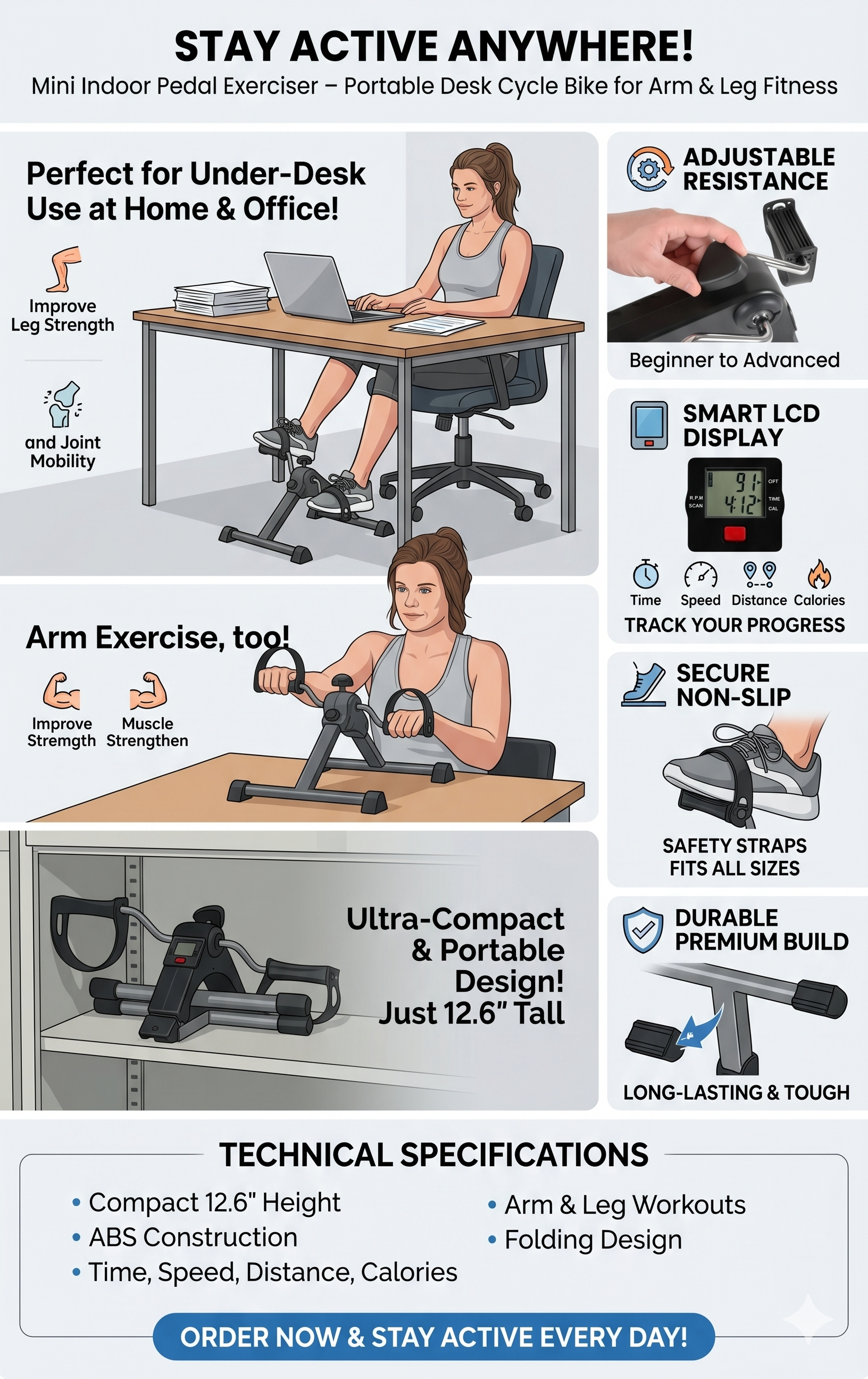Mini pedal exerciser features infographic – compact design, LCD display, adjustable resistance, non-slip pads