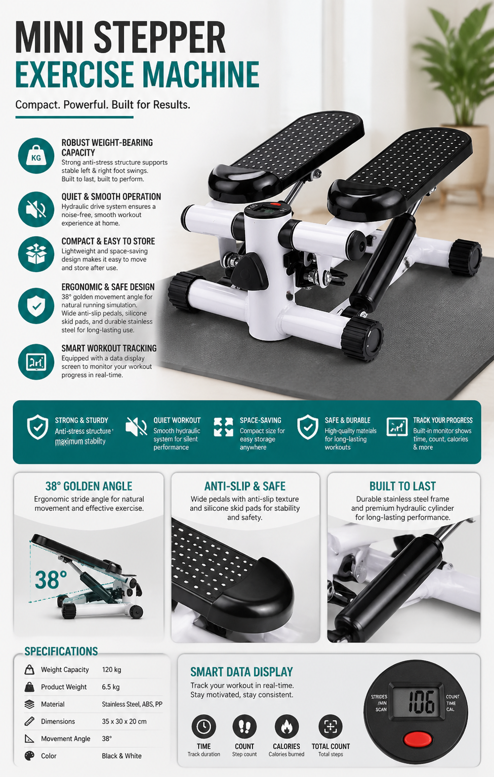 Multi-function stepper wide anti-slip pedals with silicone skid pads and stainless steel frame