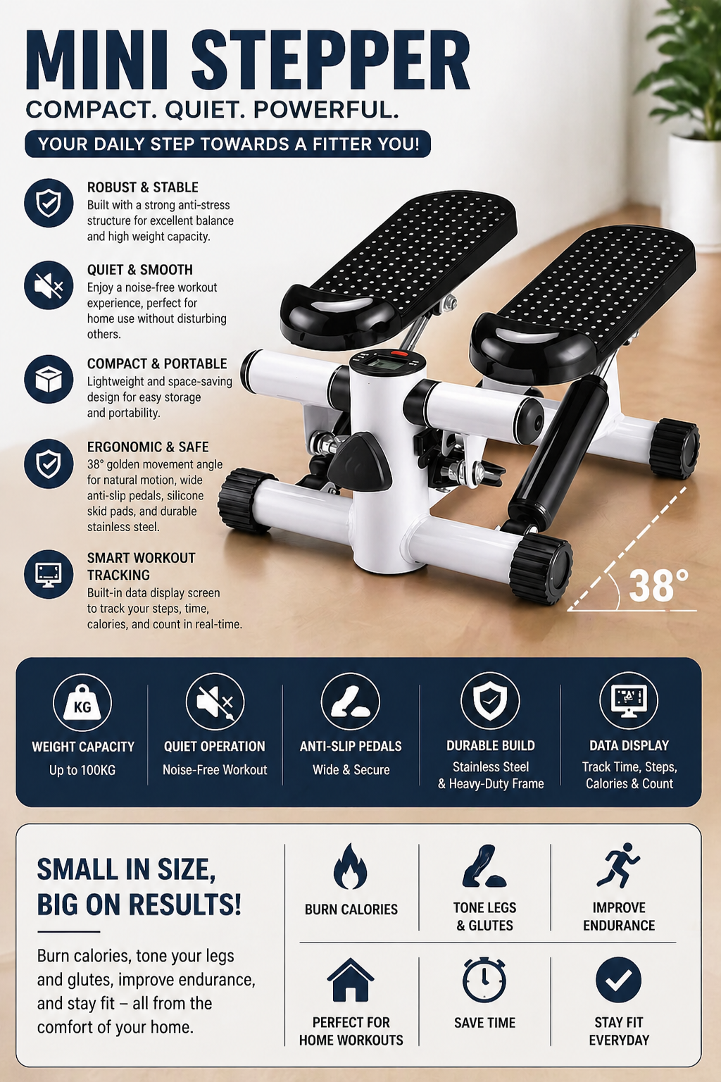 Multi-function stepper digital display screen showing real-time workout tracking data