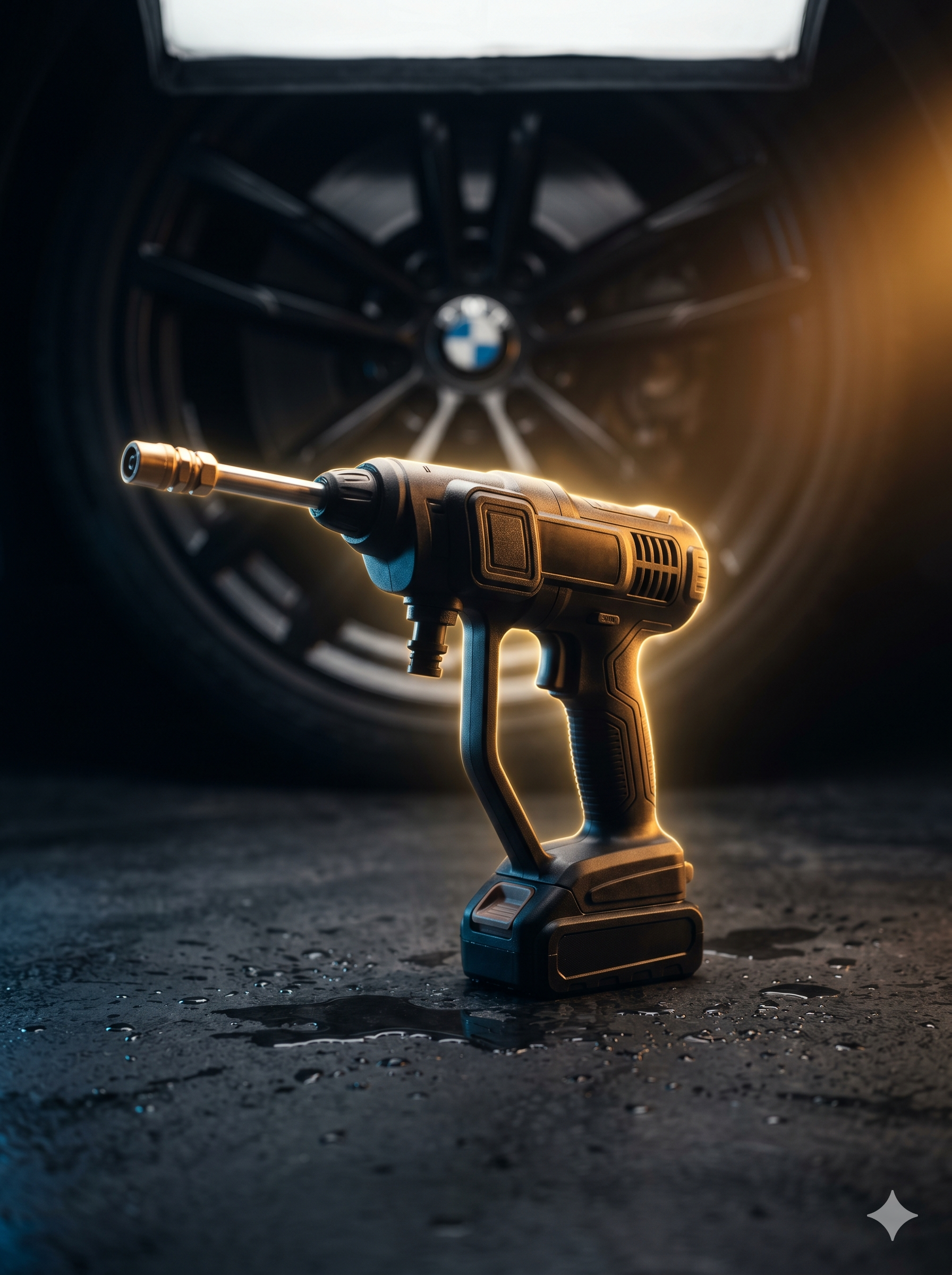 Cordless high pressure car wash gun – cinematic studio shot