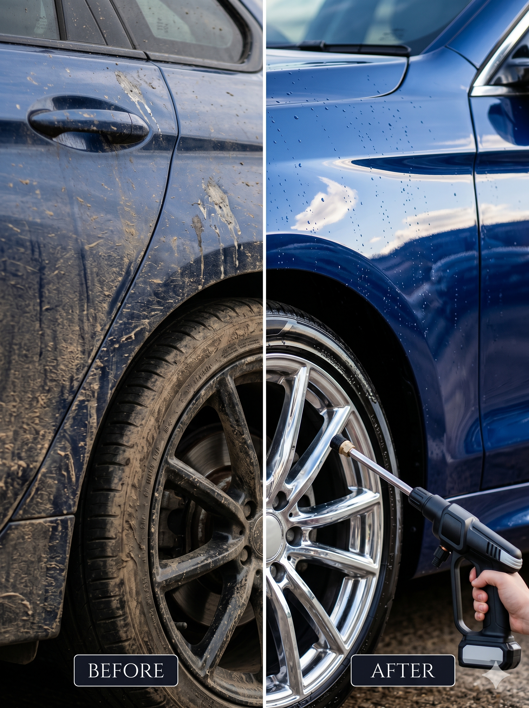 Before and after – mud-covered car vs sparkling clean rim after pressure washing