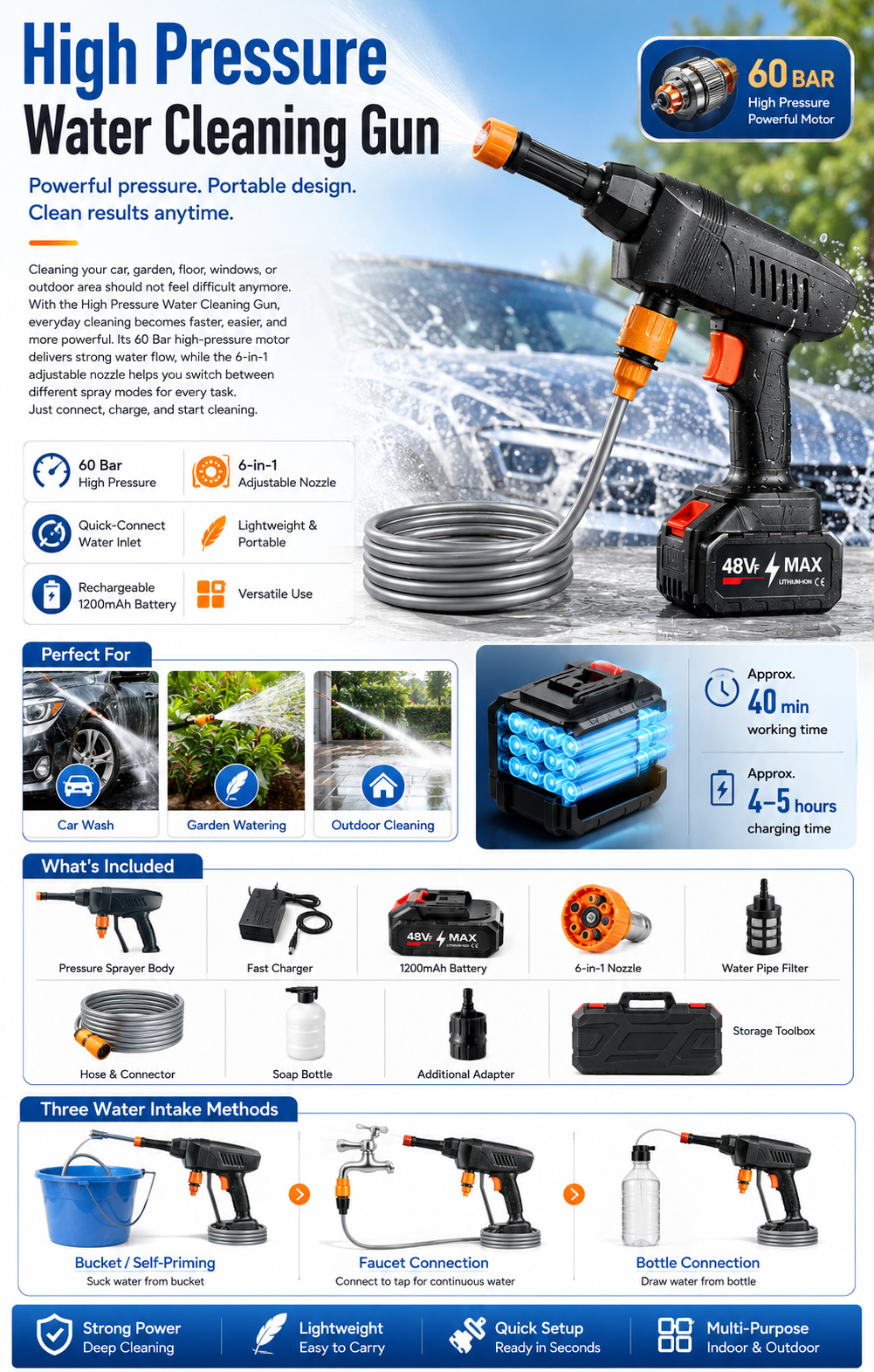 Cordless pressure washer gun being used for car washing and outdoor cleaning
