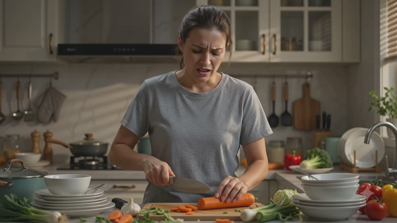 ONCE FOR ALL mandoline slicer showing julienne slicing dicing and matchstick cutting modes