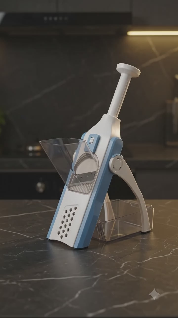 ONCE FOR ALL vegetable chopper in use slicing vegetables with mandoline slicer demo