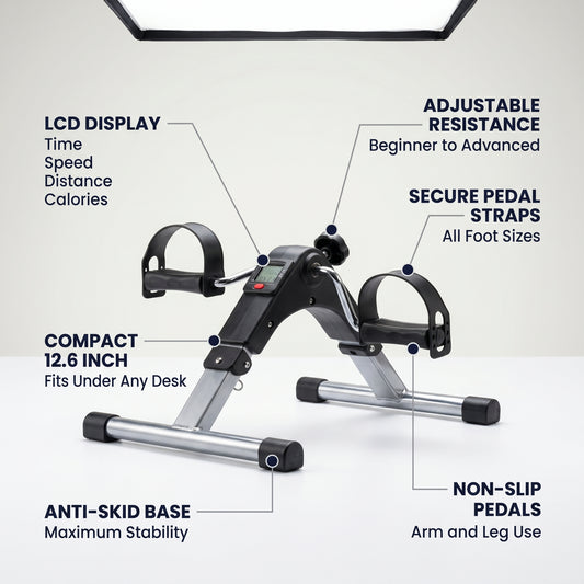 Product feature diagram highlighting the compact 12.6-inch frame, adjustable resistance knob, secure foot straps, anti-skid base, and multi-function LCD tracking monitor.